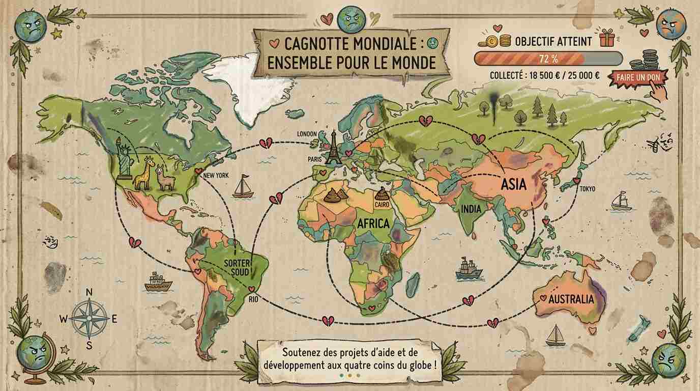 Carte du monde symbolisant une cagnotte en ligne multilingue et internationale